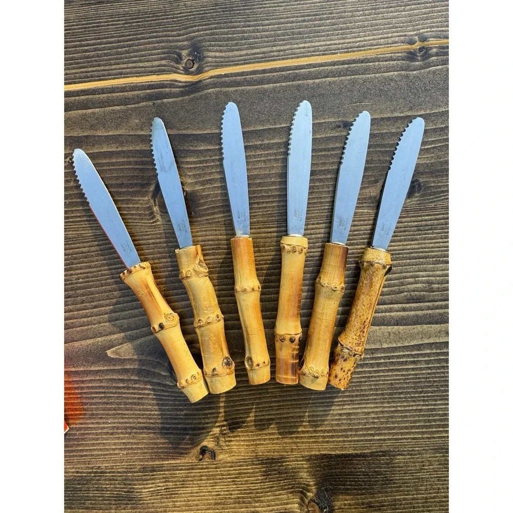 Vintage Horchow Serrated Bamboo Handle Steak Knives Set 6 Japan Chinoiserie Boxe
